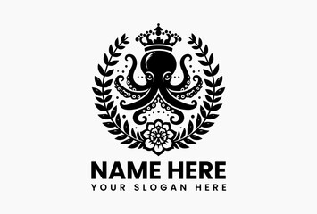 Elegant black and white illustration of an octopus wearing a crown, surrounded by decorative leaves and a flower in a symmetrical design. Marine animal concept