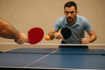 Intense table tennis match focus.