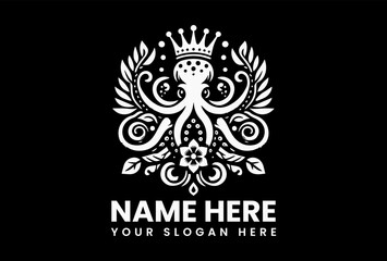 Elegant black and white illustration of an octopus wearing a crown, surrounded by decorative leaves and a flower in a symmetrical design. Marine animal concept