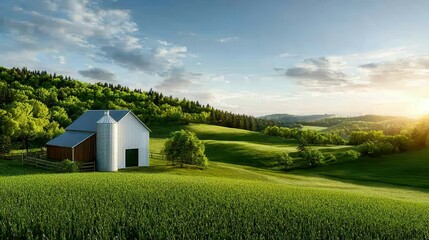 Obraz premium Serene sunrise over a lush green farm landscape with a rustic barn.