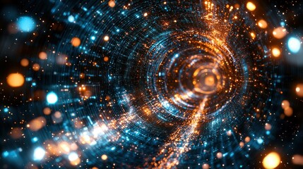 Abstract swirling vortex of glowing particles in vibrant orange and blue.  Detailed digital design with shimmering effects