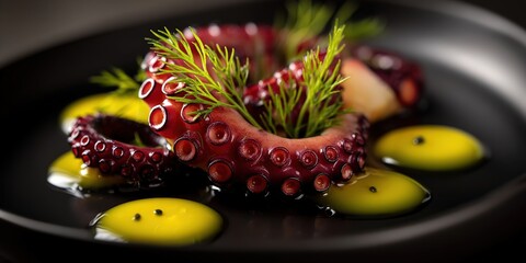 Octopus tentacle with dill and olives – gourmet seafood close-up on dark background for menu design and restaurant branding