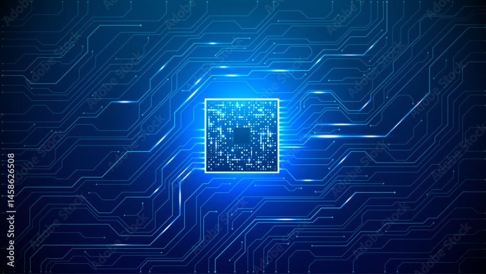 Poster Abstract brightly glowing semiconductor on light circuit board on technology dark blue background. Digital AI processor on tech bg. Computer microchip on motherboard. Vector illustration.