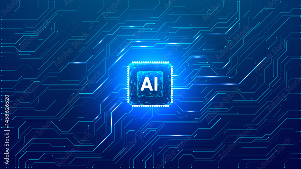 Aufkleber Abstract technological blue background with AI chip or semiconductor in the center of a circuit board. Artificial intelligence innovation concept. Futuristic tech bg. Digital vector illustration.