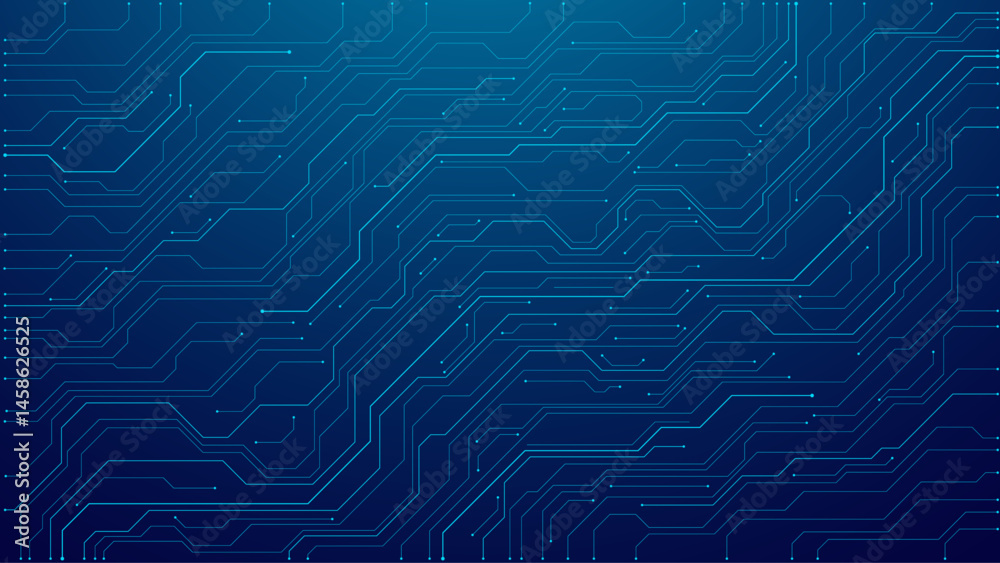Aufkleber Futuristic blue wires on a circuit board on a dark technological background. Thin lines and dots. Great for web banners and presentations. Tech bg. Digital navy pattern. Big data and AI innovations.