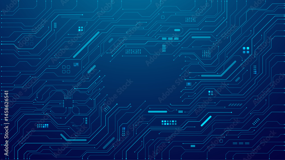 Poster Abstract digital background with circuit line elements in technology blue. Circuit board vector illustration. Tech network bg with text in the center. Great for web banners.