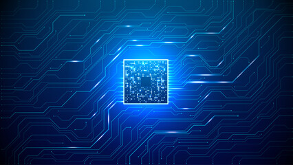 Abstract brightly glowing semiconductor on light circuit board on technology dark blue background. Digital AI processor on tech bg. Computer microchip on motherboard. Vector illustration.