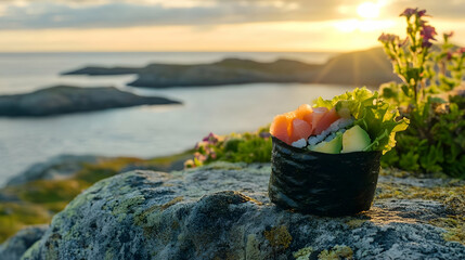 Gastronomic adventure: sushi rolls meet majestic ocean vista at sunset