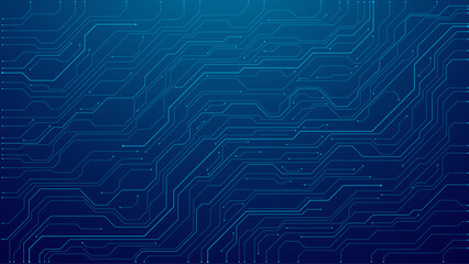 Futuristic blue wires on a circuit board on a dark technological background. Thin lines and dots. Great for web banners and presentations. Tech bg. Digital navy pattern. Big data and AI innovations.