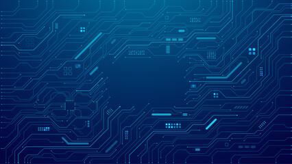 Fototapeta na wymiar Abstract digital background with circuit line elements in technology blue. Circuit board vector illustration. Tech network bg with text in the center. Great for web banners.