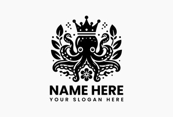 Elegant black and white illustration of an octopus wearing a crown, surrounded by decorative leaves and a flower in a symmetrical design. Marine animal concept