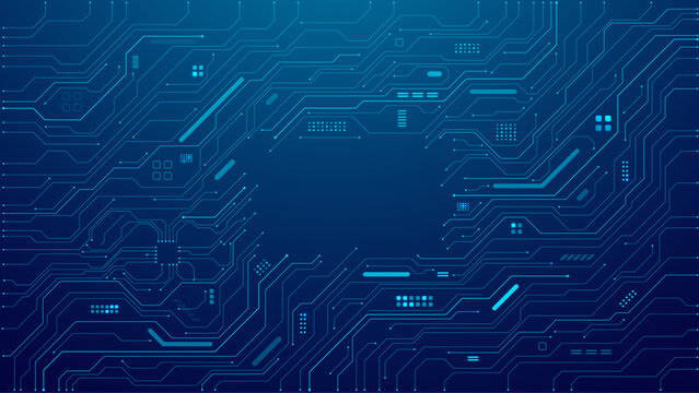 Abstract digital background with circuit line elements in technology blue. Circuit board vector illustration. Tech network bg with text in the center. Great for web banners.