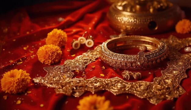 A collection of traditional gold Indian jewelry including bangles and necklaces is beautifully arranged with marigolds on red cloth for the Teej festival