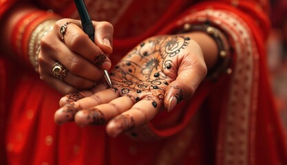 Fototapeta premium A detailed image of a woman's hand being intricately decorated with henna during the Teej festival, showcasing artistic mehndi designs and traditional preparation