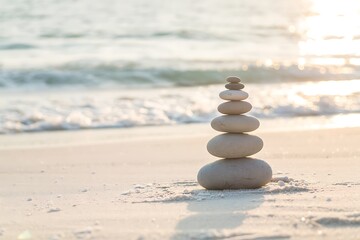 Stacked Zen Stones on a Tranquil Beach | Meditation & Balance Concept Stock Photo