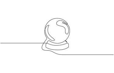 One continuous line drawing of Crystal ball. Mafic glass globe for concept, Continuous line drawing of a crystal ball in a minimalist linear style for fortune telling and mystical predictions.