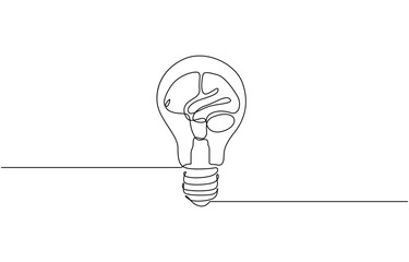Single continuous line drawing of light bulb with human brain, Smart power and psychological company icon label concept. Trendy one line draw graphic design vector illustration.