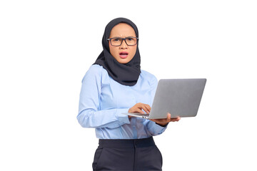 Portrait of shocked young Asian woman holding a laptop and looking at camera isolated on transparent background