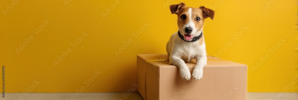 Poster playful dog enjoys lounging on a large delivery package at home, bright yellow background adds to th