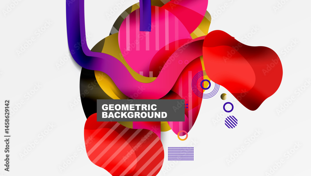 Poster Abstract colorful shapes overlap. Dynamic composition features vibrant hues, gradients, lines, circles. Modern design element for backgrounds.
