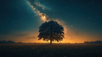 A lone tree stands in a field under a night sky with light streaks.