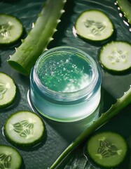 jar of soothing gel with aloe vera and cucumber, surrounded by fresh aloe vera leaves and cucumber slices 