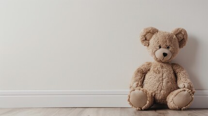 Mockup for children of soft beige toy bear sitting alone against plain wall background and copy space