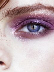 Obraz premium Close-up of a person's eye with a dramatic makeup look. the eye is blue and the iris is a deep purple color. the makeup is a combination of purple and pink tones, with a shimmery and glittery effect.