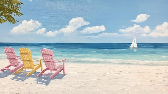 Painting of a beach scene with three colorful adirondack chairs on the sand. the sky is blue with white clouds scattered across it.