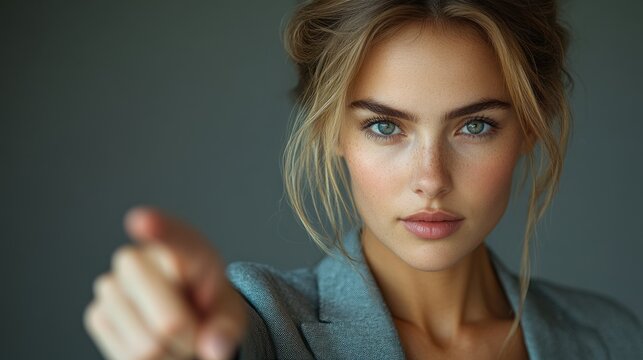 Woman with blonde hair pointing at the viewer against a gray background.