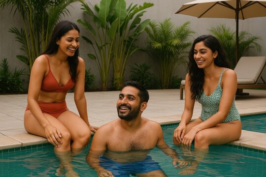 Friends enjoying poolside relaxation.