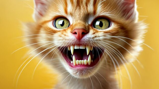 close-up of a playful ginger kitten meowing with a bright yellow background.