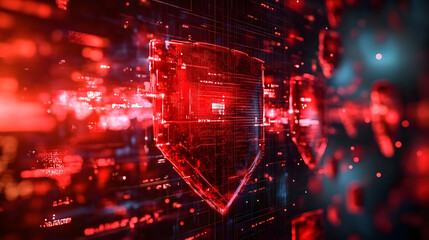 Obraz premium Cybersecurity breach cracked digital shields amid red cyberattack wave technology graphic digital environment illustration
