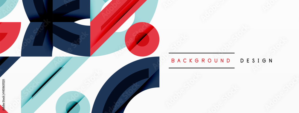 Poster abstract geometric shapes overlap, creating dynamic visual composition. red, blue, light blue hues d