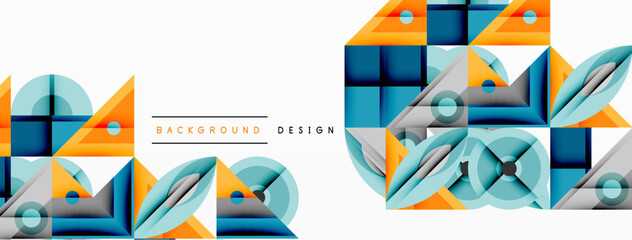 Abstract geometric shapes, blue, orange, gray. Modern design elements create dynamic visual texture. Minimalist style, clean lines.