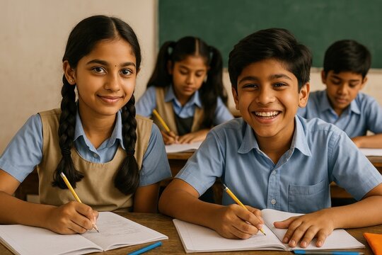 Happy students learning together classroom.