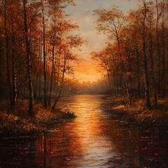 Sunset Glow Over Autumn Forest with River Running Through