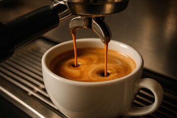 Espresso being poured into a cup from a coffee machine with precision