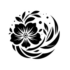 Elegant Black Floral Design in Circular Composition - Logo, Tattoo, Decorative Element