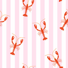 Lovely seamless pattern with playful lobster motifs on pastel pink stripes with retro vibe for summer packaging, textiles, wallpapers, interior decor, wrapping, coastal designs, etc.