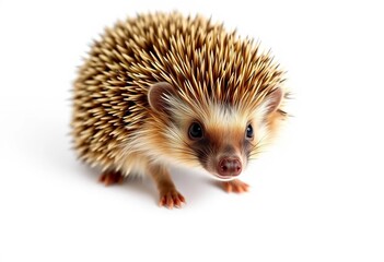 Obraz premium Adorable brown hedgehog with quills, stomping on white background, insectivore, erinaceus