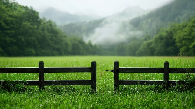 A serene wooden fence in a lush green meadow with misty mountains in the background. - Powered by Adobe