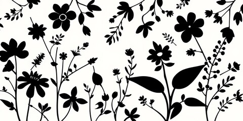 Sleek black & white botanical silhouette pattern with contrasting outlines , monochrome, leaves
