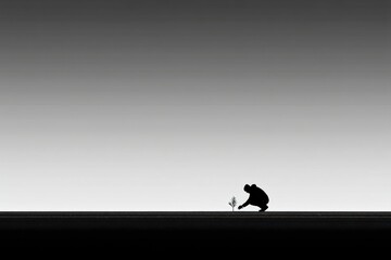 Silhouette of Person Planting a Small Tree Against a Gradient Sky, Symbolizing Growth, Conservation, and Environmental Stewardship