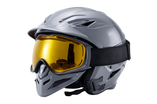 Ski helmet with goggles featuring a sleek design and reflective visor. Png, Isolated on background.