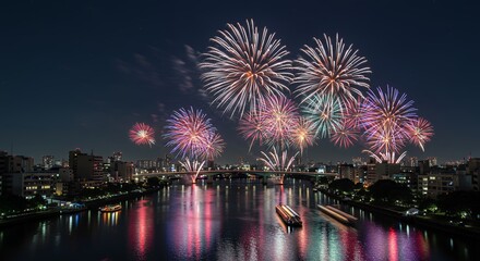 Fototapeta premium Celebrating Fireworks Display Over City River Reflecting Light at Night