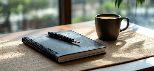 Refined workspace ambience with fountain pen, journal, and coffee mug
