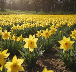 Obraz premium Glistening daffodil petals, sunny field, full bloom, bright yellow , springtime, golden
