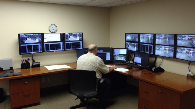 Security Monitoring Center: A Man Supervises Multiple Screens Displaying Real-Time Surveillance Footage