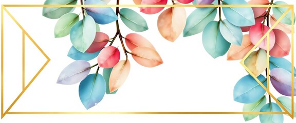 Fototapeta premium Watercolor eucalyptus leaves border in gold geometric frame, isolated on white , foliage, card